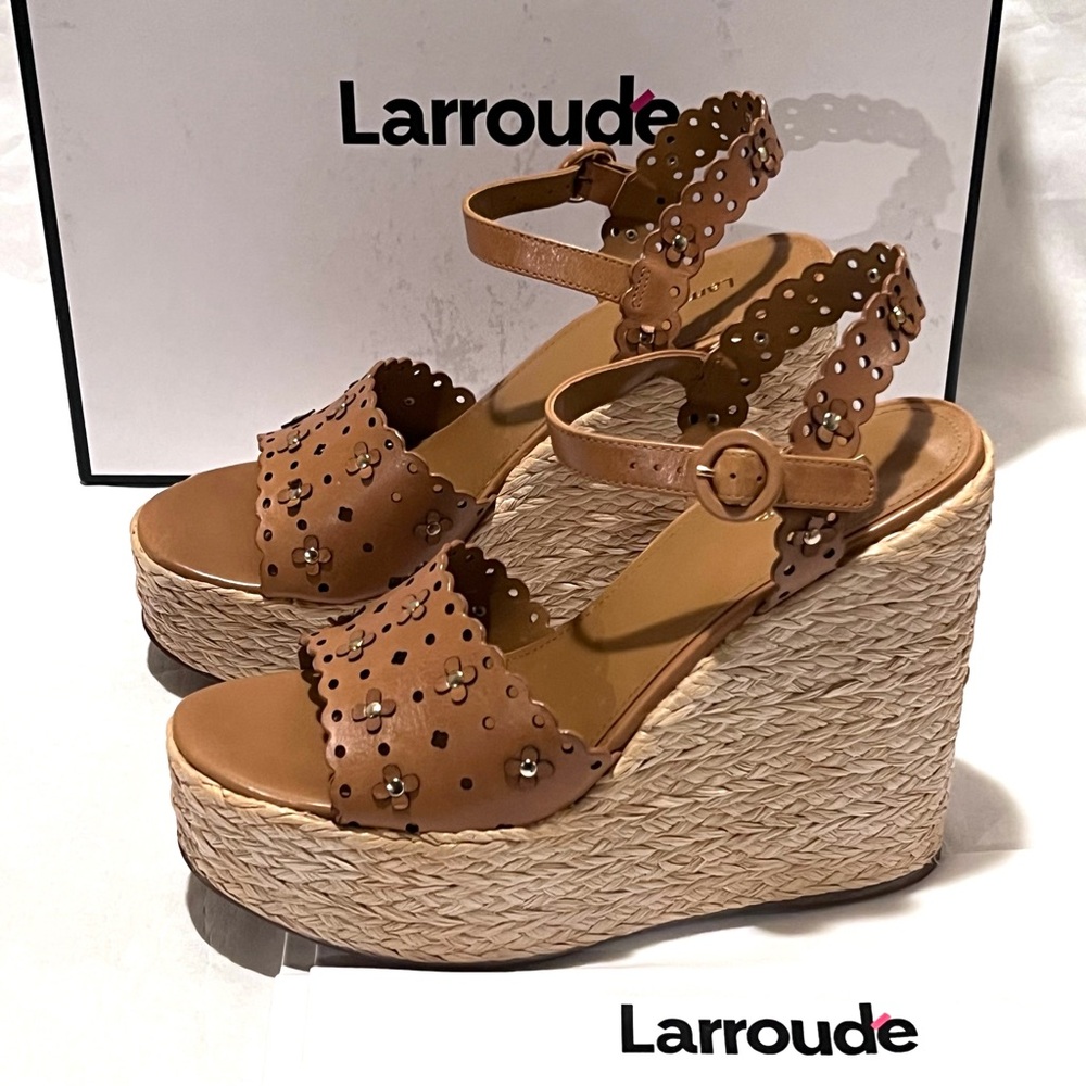 Larroudé Jasmine Flower Espadrille Wedge Platform Sandals Size 10 Biscuit - Picture 3 of 12